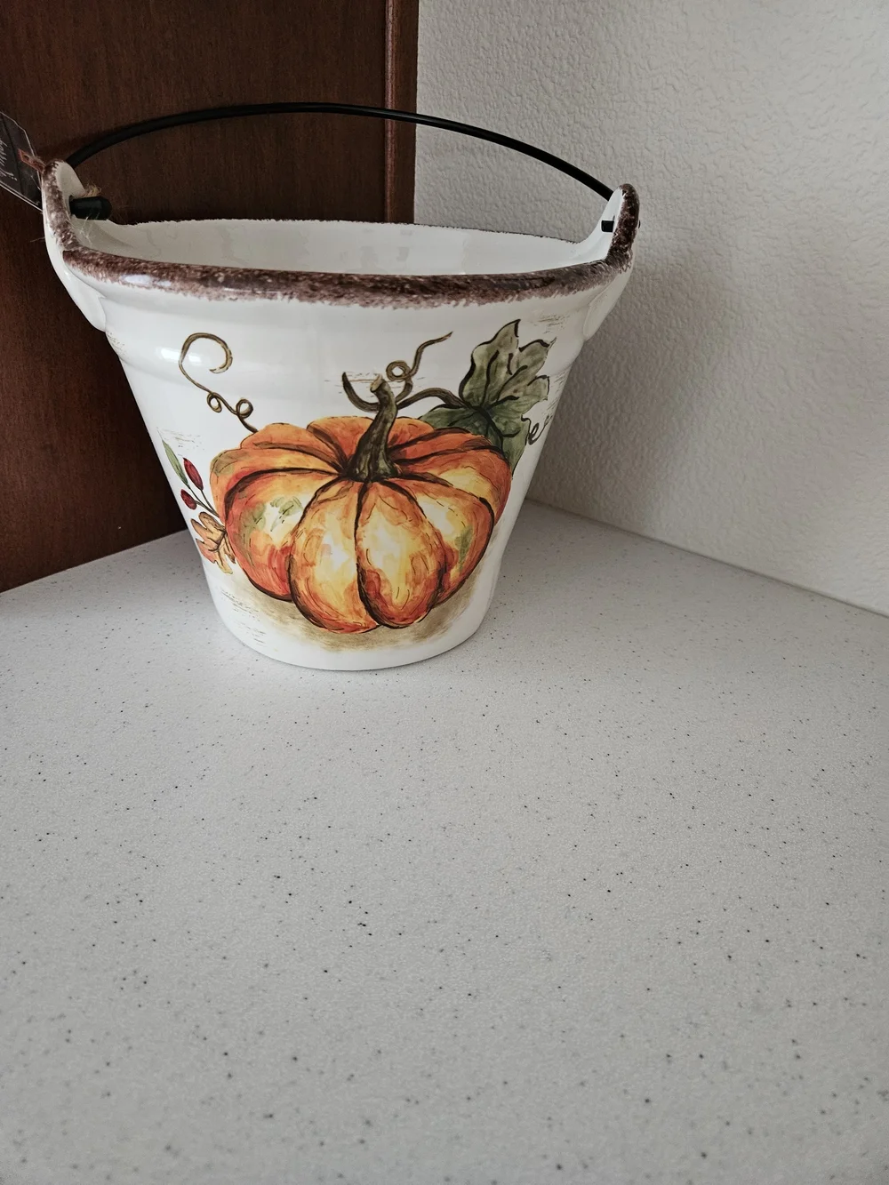 Decorative Autumn Pumpkin Ceramic Bucket- White and Orange